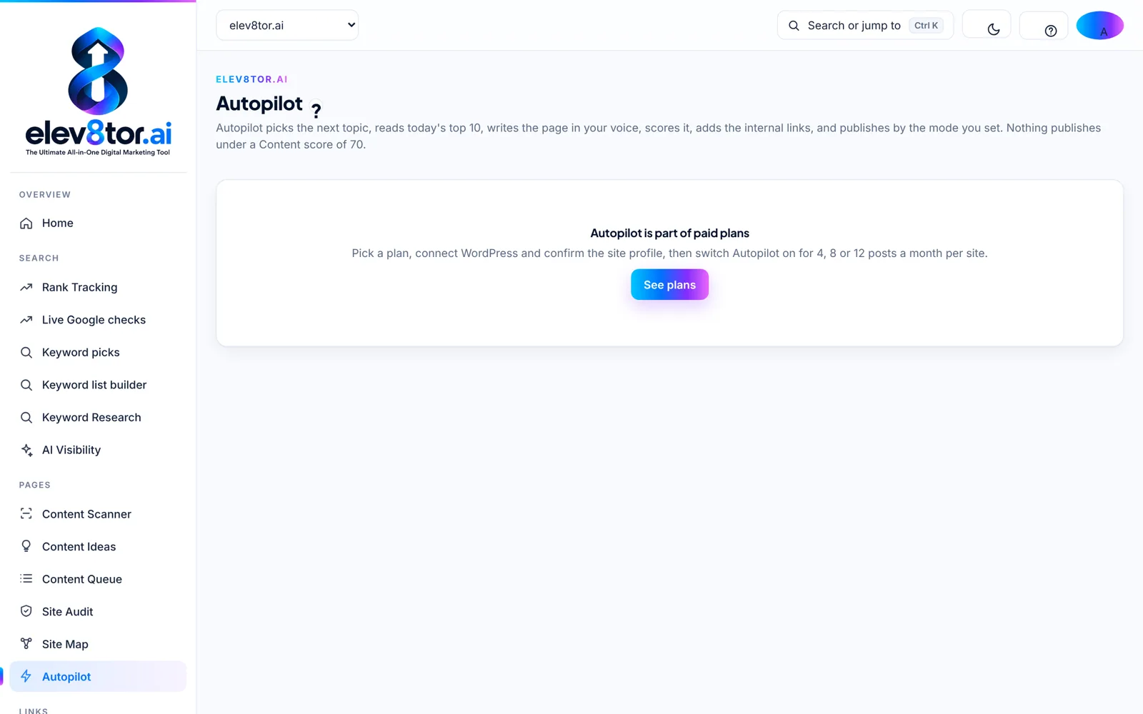 elev8tor Autopilot settings: research, write, score, link and publish by the mode you set