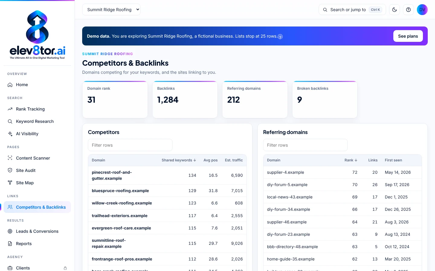 elev8tor competitors and backlinks screen