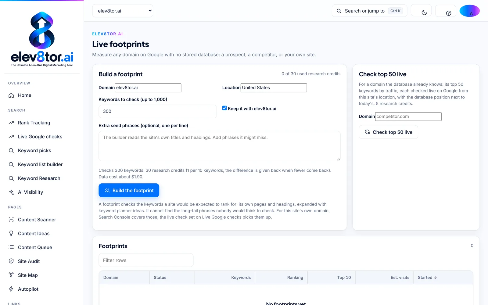 elev8tor Live footprints: measure any domain on Google with no stored database