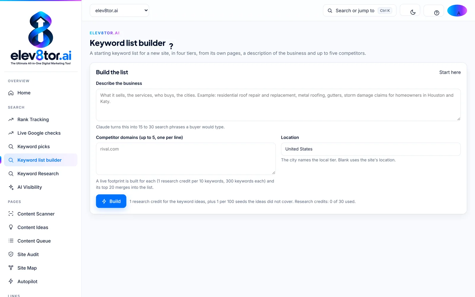 elev8tor Keyword list builder: describe the business, name competitors and get a tiered keyword list
