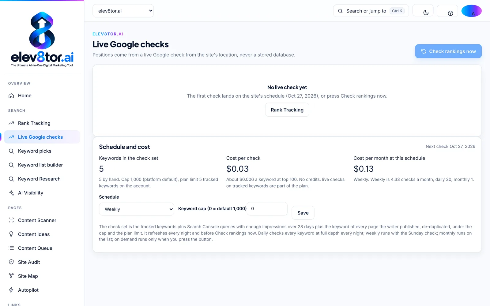 elev8tor Live Google checks screen with schedule and cost per check