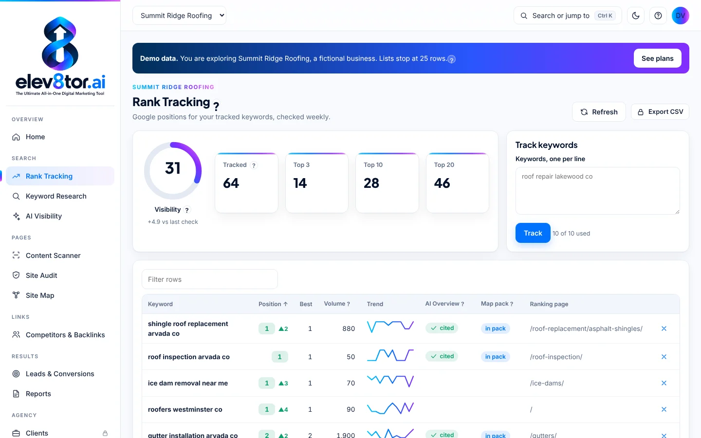 elev8tor rank tracking screen
