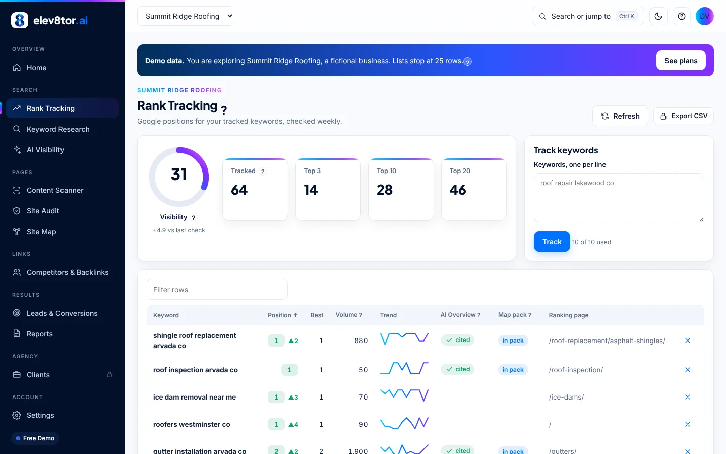 elev8tor rank tracking screen