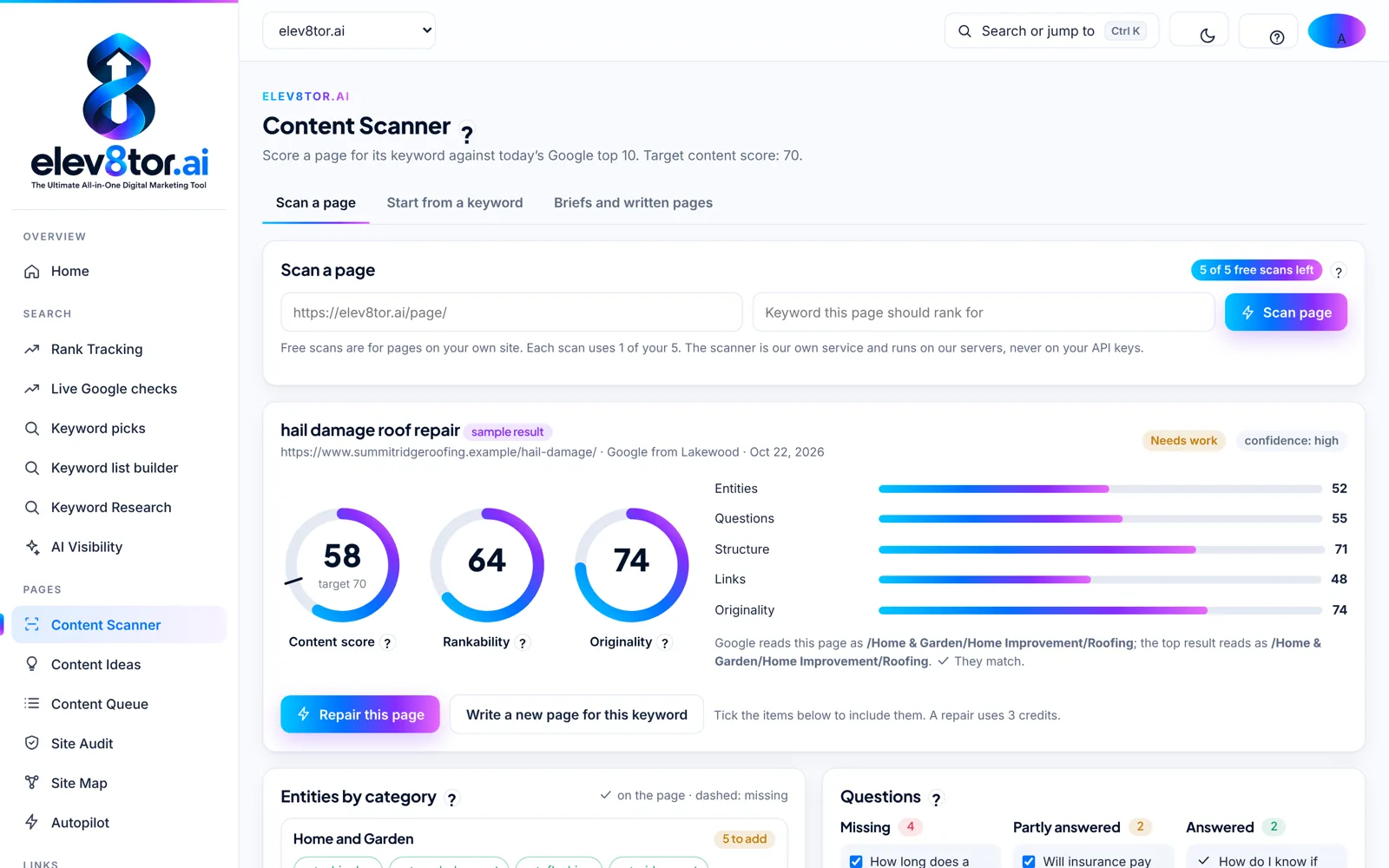 elev8tor Content Scanner result with Content score, Rankability and Originality rings