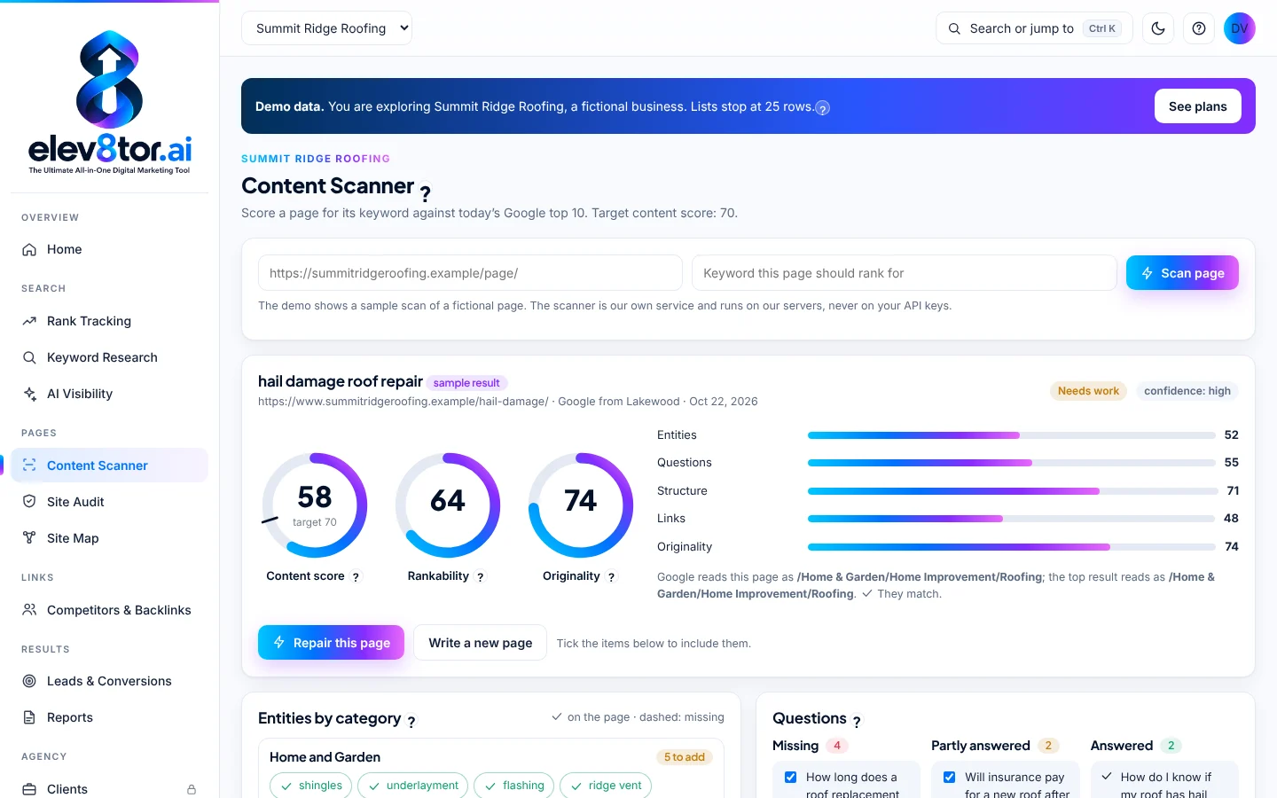 elev8tor content scanner with content score, rankability and originality rings