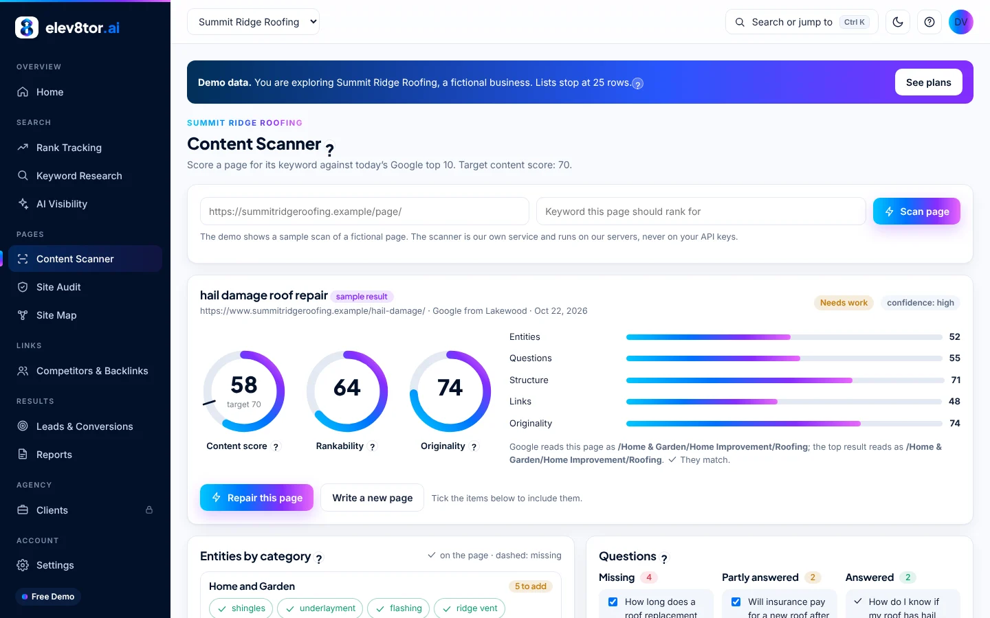 elev8tor content scanner with content score, rankability and originality rings