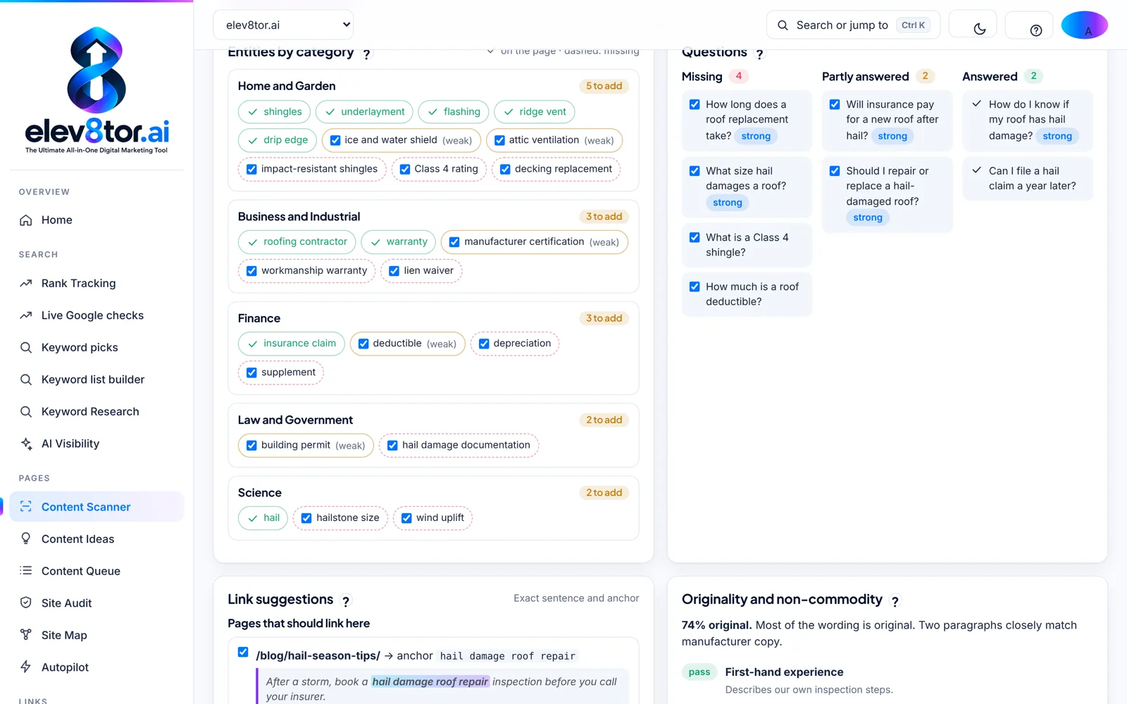elev8tor Content Scanner entities by category, questions and link suggestions