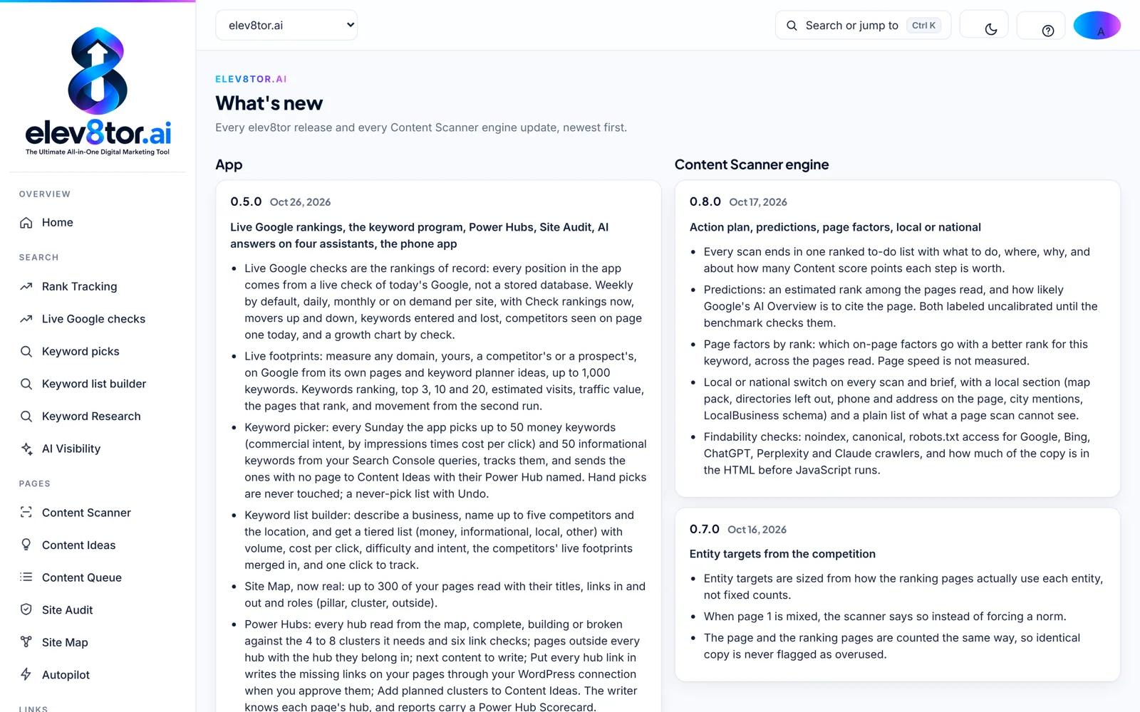elev8tor What is new screen listing the 0.5.0 release notes